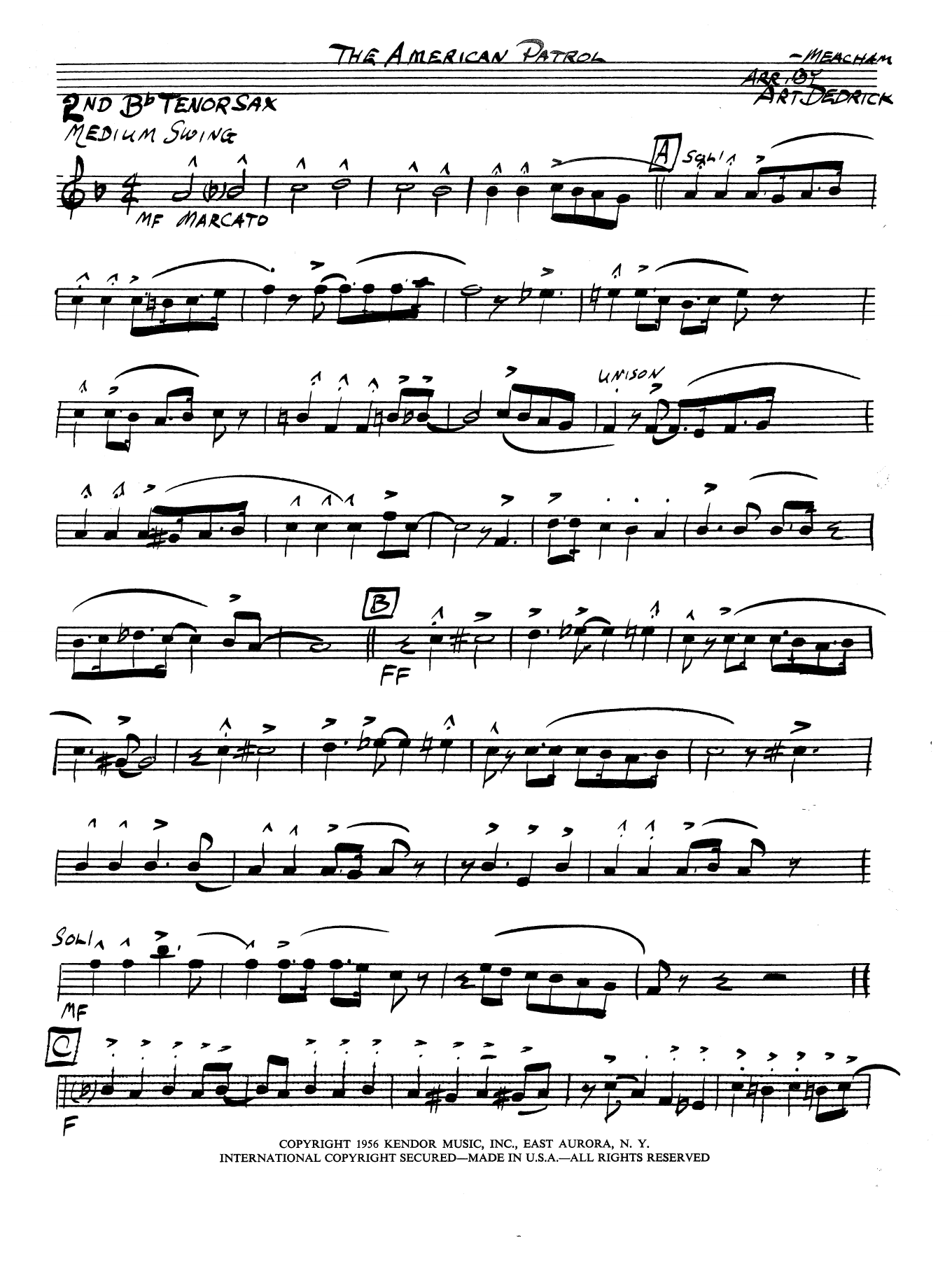 Learn to play Art Dedrick American Patrol - 1st Tenor Saxophone sheet music for Jazz Ensemble in minutes. Art Dedrick American Patrol - 1st Tenor Saxophone sheet music preview music notes and score for Jazz Ensemble including 2 page(s)