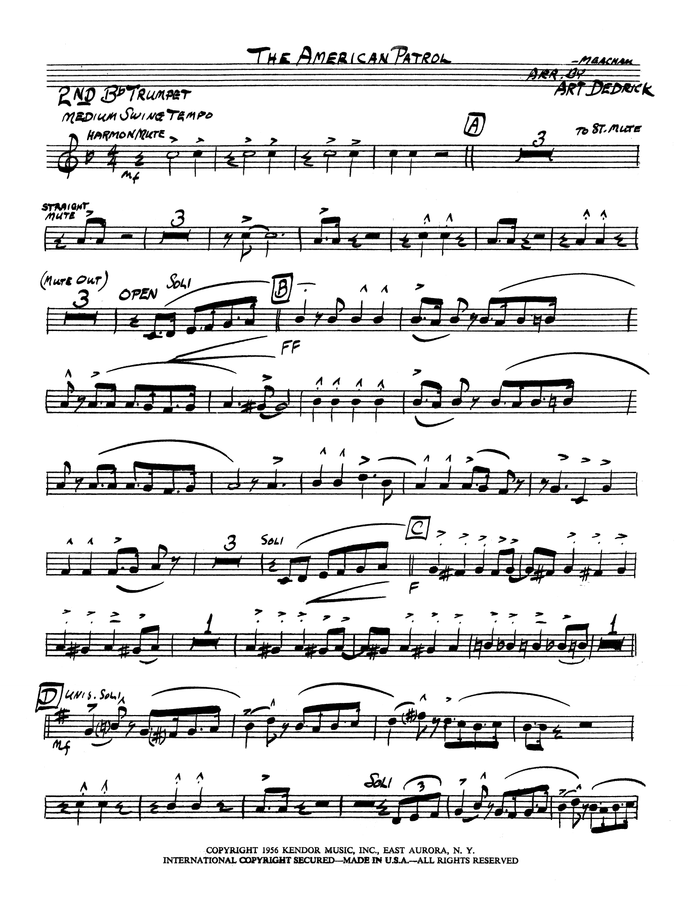 Learn to play Art Dedrick American Patrol - 2nd Bb Trumpet sheet music for Jazz Ensemble in minutes. Art Dedrick American Patrol - 2nd Bb Trumpet sheet music preview music notes and score for Jazz Ensemble including 2 page(s)