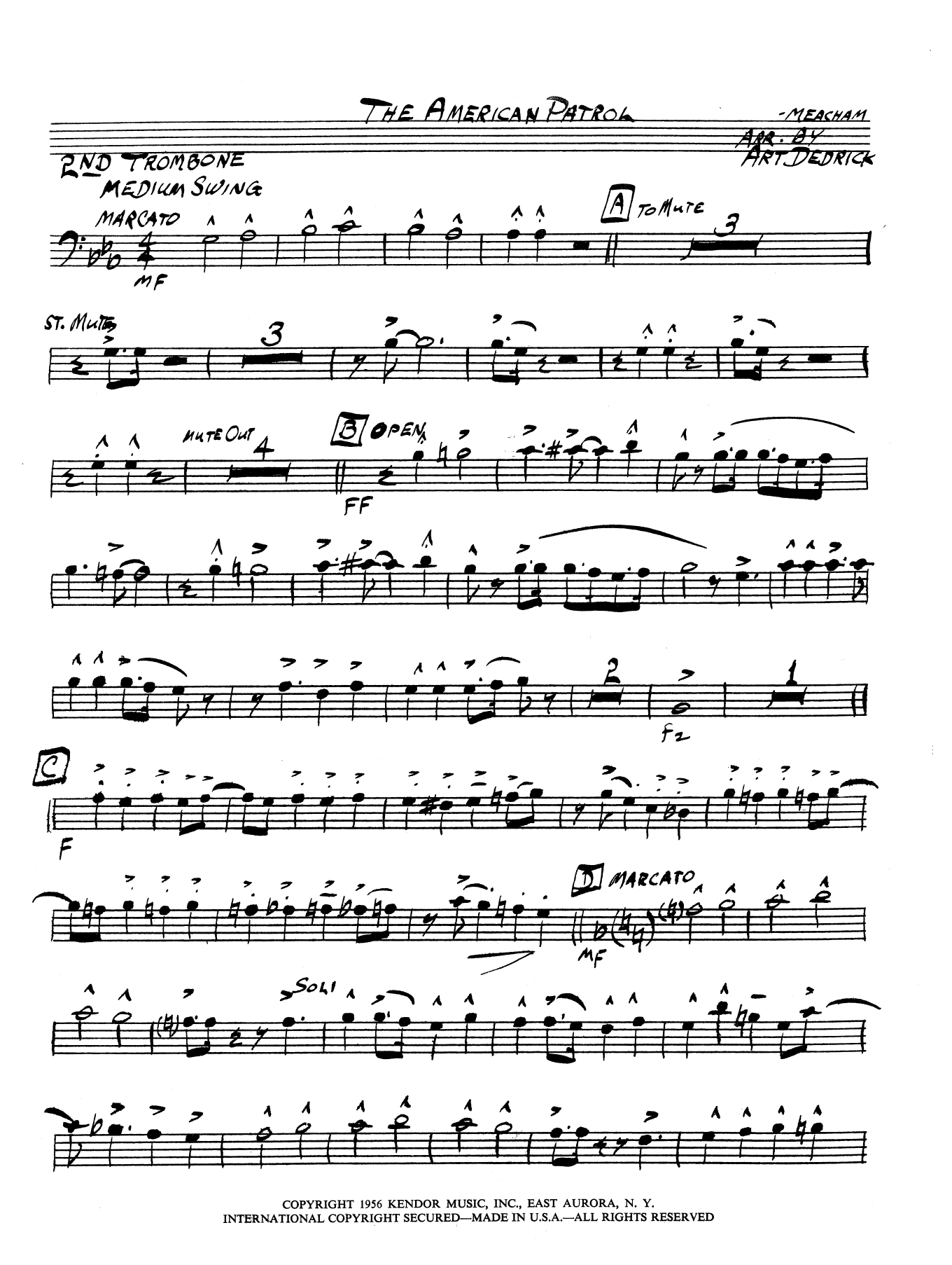 Art Dedrick American Patrol - 2nd Trombone sheet music preview music notes and score for Jazz Ensemble including 2 page(s)