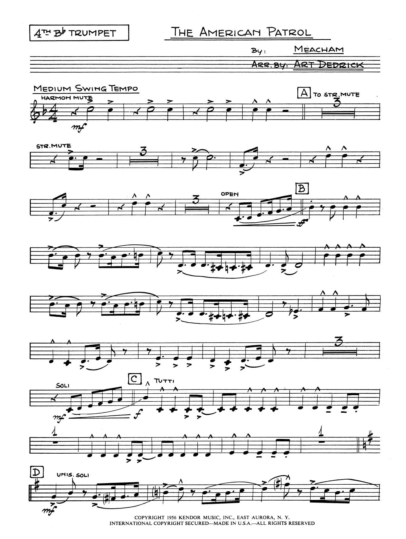 Learn to play Art Dedrick American Patrol - 4th Bb Trumpet sheet music for Jazz Ensemble in minutes. Art Dedrick American Patrol - 4th Bb Trumpet sheet music preview music notes and score for Jazz Ensemble including 2 page(s)