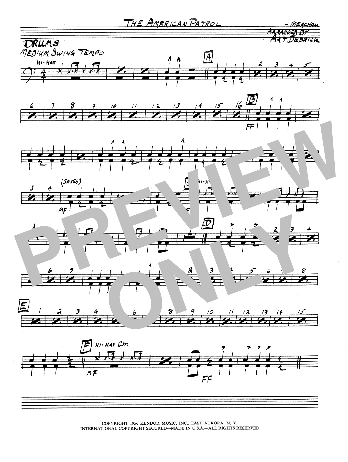 Art Dedrick American Patrol - Drum Set sheet music preview music notes and score for Jazz Ensemble including 1 page(s)