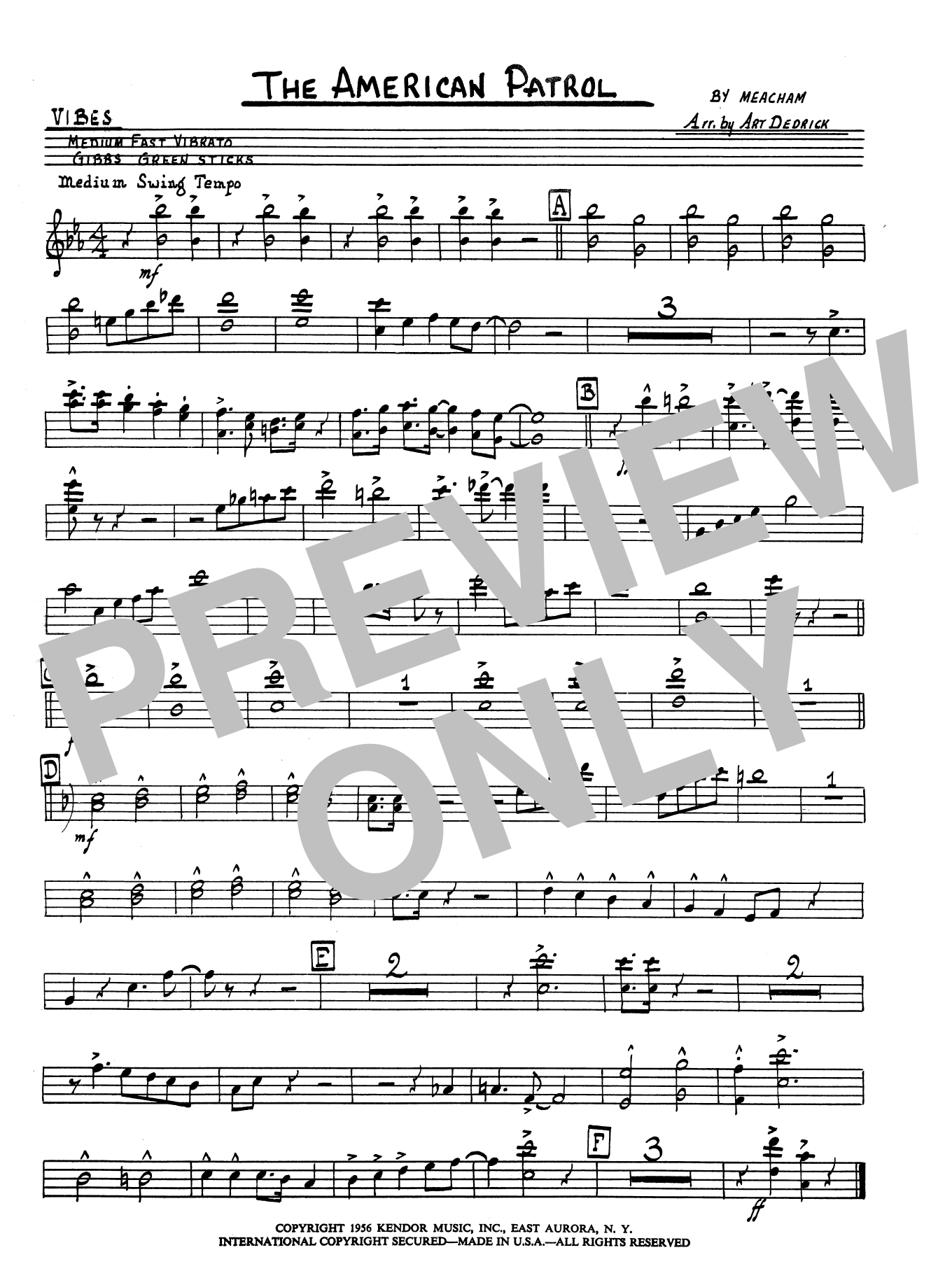 Learn to play Art Dedrick American Patrol - Vibes sheet music for Jazz Ensemble in minutes. Art Dedrick American Patrol - Vibes sheet music preview music notes and score for Jazz Ensemble including 1 page(s)