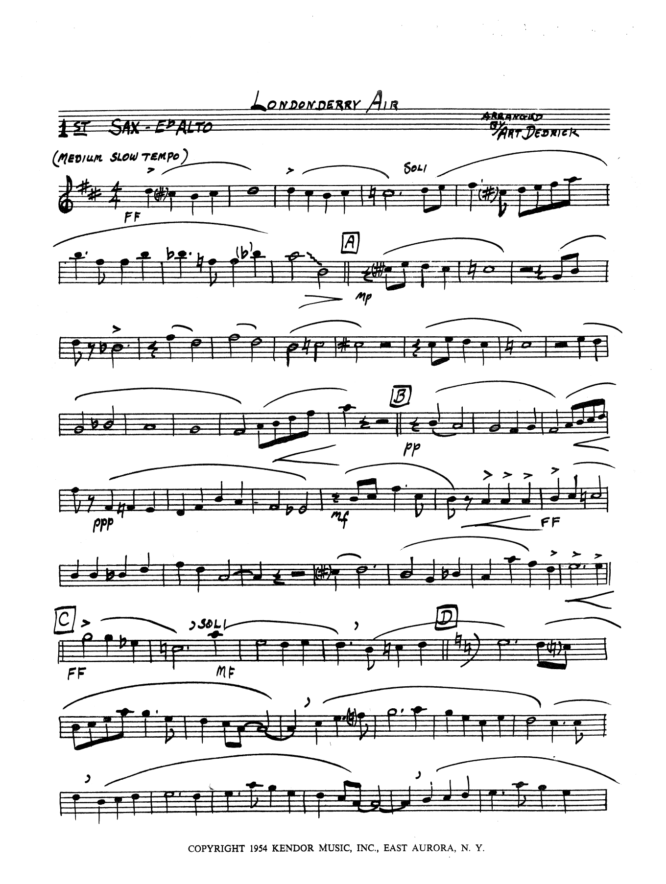 Learn to play Art Dedrick Londonderry Air - 1st Eb Alto Saxophone sheet music for Jazz Ensemble in minutes. Art Dedrick Londonderry Air - 1st Eb Alto Saxophone sheet music preview music notes and score for Jazz Ensemble including 2 page(s)