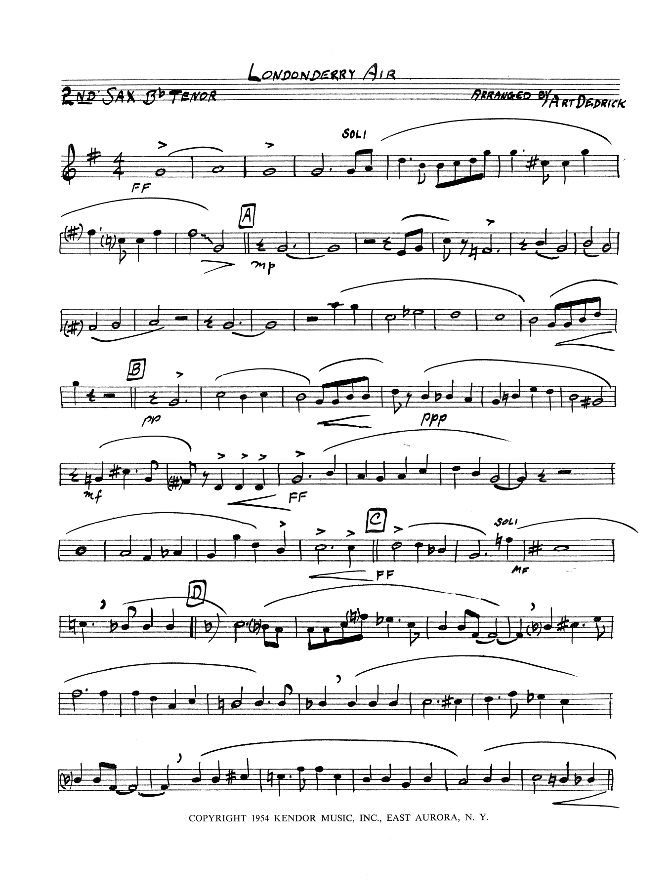 Learn to play Art Dedrick Londonderry Air - 1st Tenor Saxophone sheet music for Jazz Ensemble in minutes. Art Dedrick Londonderry Air - 1st Tenor Saxophone sheet music preview music notes and score for Jazz Ensemble including 2 page(s)