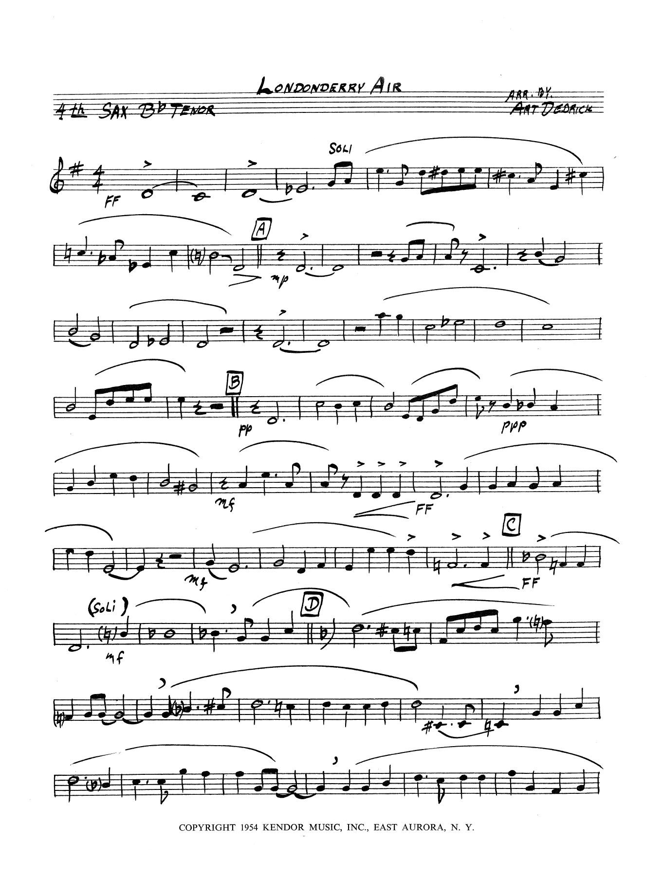 Learn to play Art Dedrick Londonderry Air - 2nd Bb Tenor Saxophone sheet music for Jazz Ensemble in minutes. Art Dedrick Londonderry Air - 2nd Bb Tenor Saxophone sheet music preview music notes and score for Jazz Ensemble including 2 page(s)