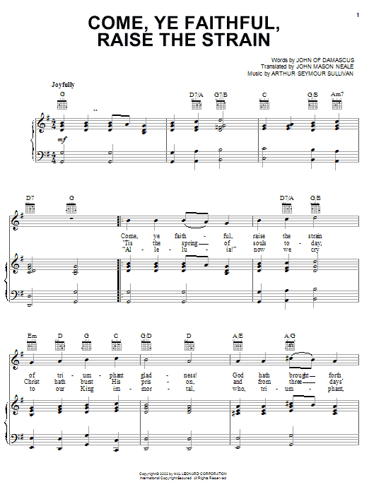 Arthur Seymour Sullivan Come, Ye Faithful, Raise The Strain sheet music, chords, lyrics - Printable PDF for Piano, Vocal & Guitar (Right-Hand Melody)