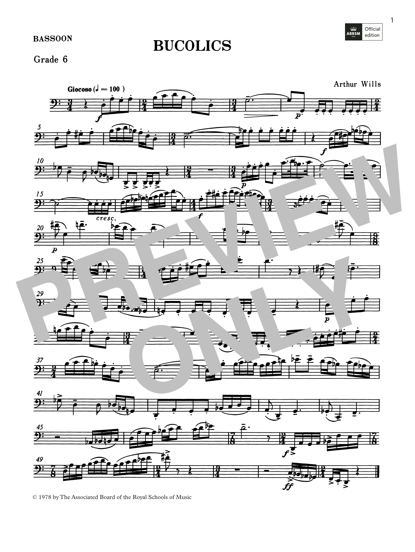 Arthur Wills Bucolics (Grade 6 List C10 from the ABRSM Bassoon syllabus from 2022) sheet music, chords, lyrics - Printable PDF for Woodwind Solo