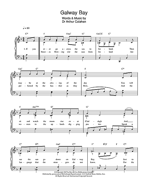 Learn to play Arthur Colahan Galway Bay sheet music for Piano, Vocal & Guitar (Right-Hand Melody) in minutes. Arthur Colahan Galway Bay sheet music notes and chords