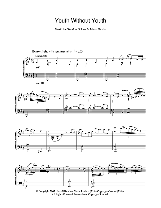 Learn to play Arturo Castro Youth Without Youth (Youth Without Youth) sheet music for Piano in minutes. Arturo Castro Youth Without Youth (Youth Without Youth) sheet music notes and chords