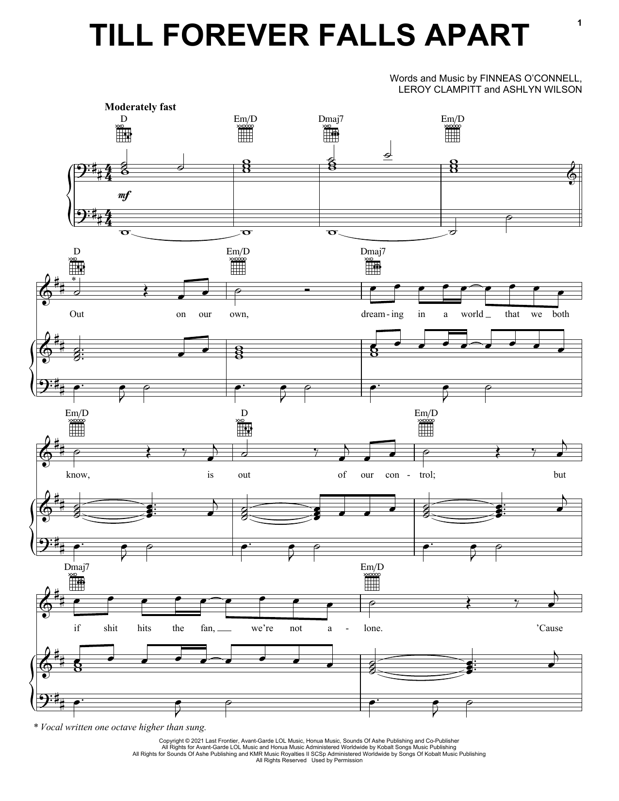 Learn to play Ashe & FINNEAS Till Forever Falls Apart sheet music for Piano, Vocal & Guitar (Right-Hand Melody) in minutes. Ashe & FINNEAS Till Forever Falls Apart sheet music preview music notes and score for Piano, Vocal & Guitar (Right-Hand Melody) including 6 page(s)