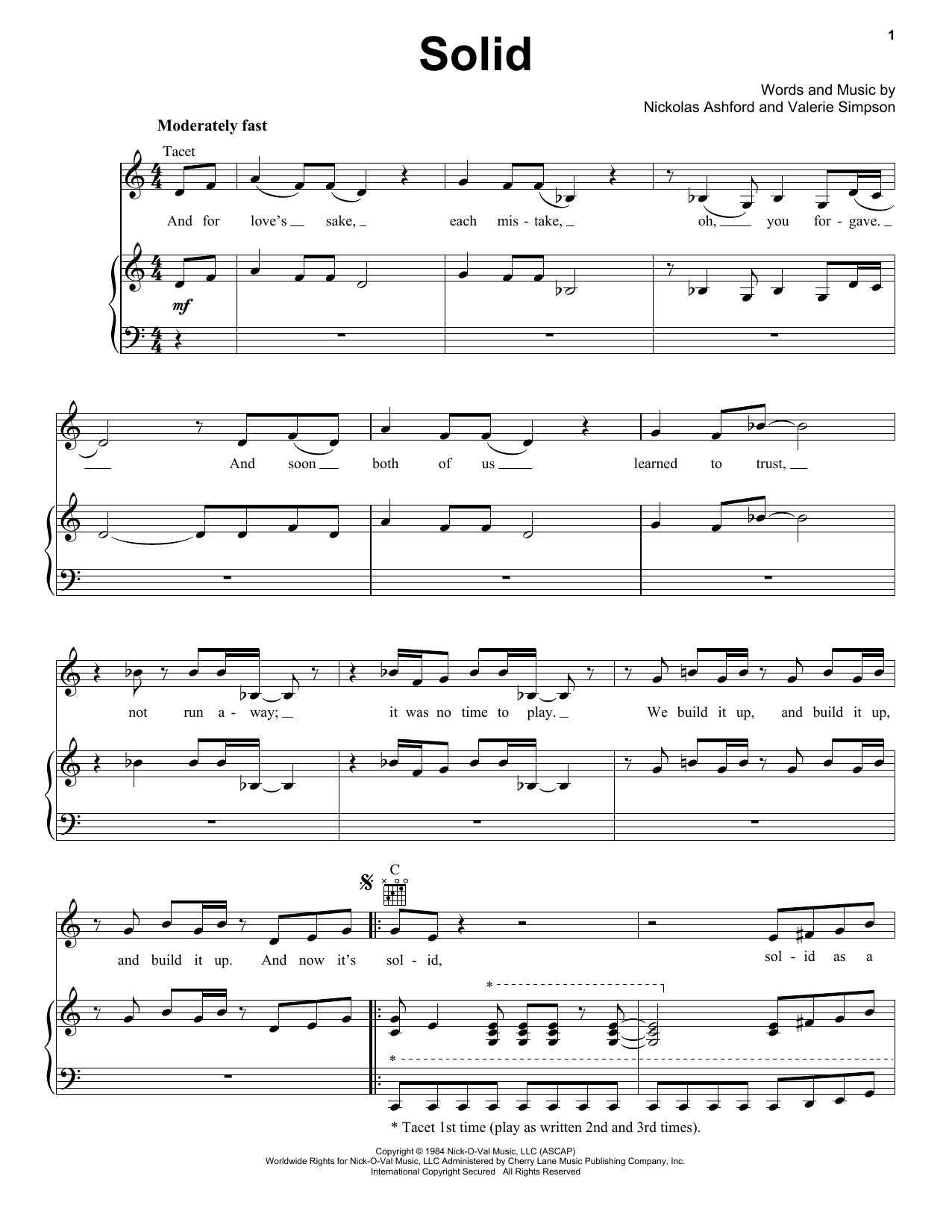 Ashford & Simpson Solid sheet music, chords, lyrics - Printable PDF for Piano, Vocal & Guitar (Right-Hand Melody)