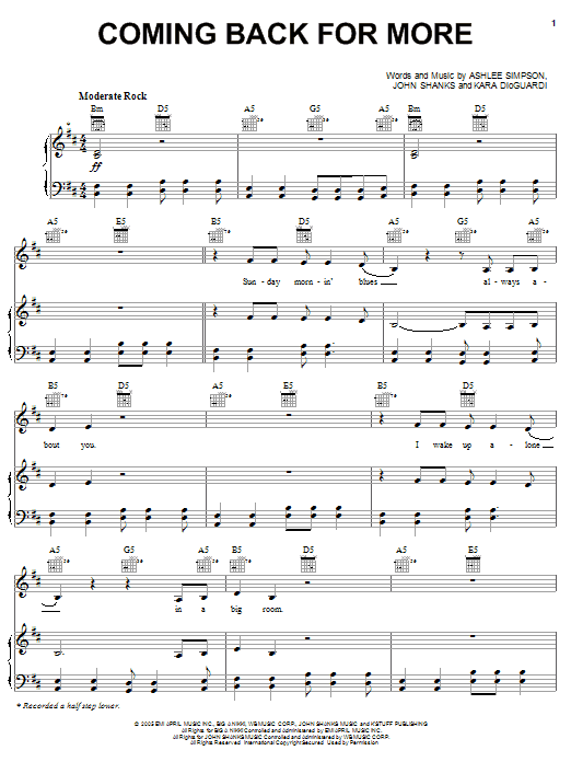 Ashlee Simpson Coming Back For More sheet music, chords, lyrics - Printable PDF for Piano, Vocal & Guitar (Right-Hand Melody)