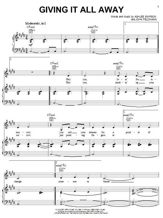 Learn to play Ashlee Simpson Giving It All Away sheet music for Piano, Vocal & Guitar (Right-Hand Melody) in minutes. Ashlee Simpson Giving It All Away sheet music preview music notes and score for Piano, Vocal & Guitar (Right-Hand Melody) including 7 page(s)