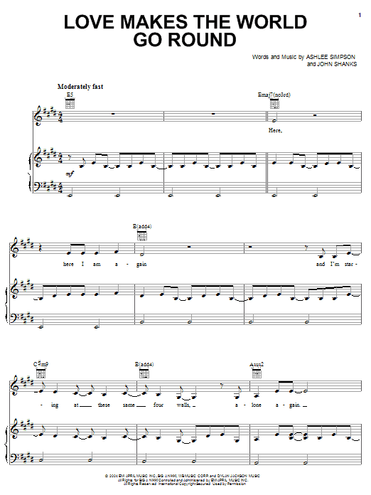 Learn to play Ashlee Simpson Love Makes The World Go Round sheet music for Piano, Vocal & Guitar (Right-Hand Melody) in minutes. Ashlee Simpson Love Makes The World Go Round sheet music preview music notes and score for Piano, Vocal & Guitar (Right-Hand Melody) including 6 page(s)