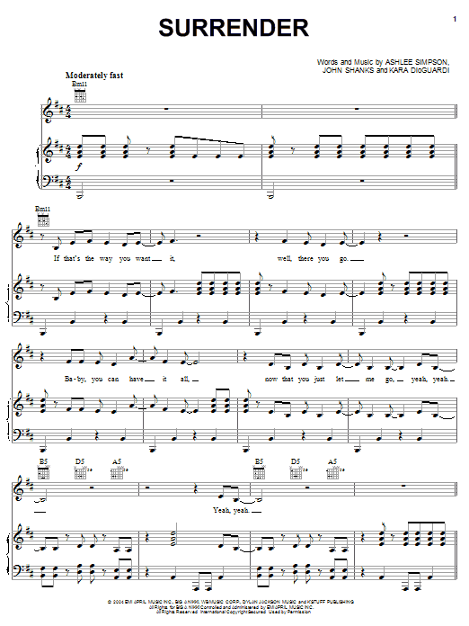 Learn to play Ashlee Simpson Surrender sheet music for Piano, Vocal & Guitar (Right-Hand Melody) in minutes. Ashlee Simpson Surrender sheet music preview music notes and score for Piano, Vocal & Guitar (Right-Hand Melody) including 6 page(s)