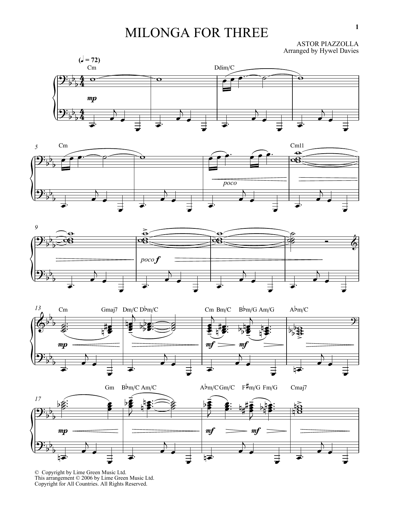 Astor Piazzolla Milonga For Three sheet music, chords, lyrics - Printable PDF for Easy Piano