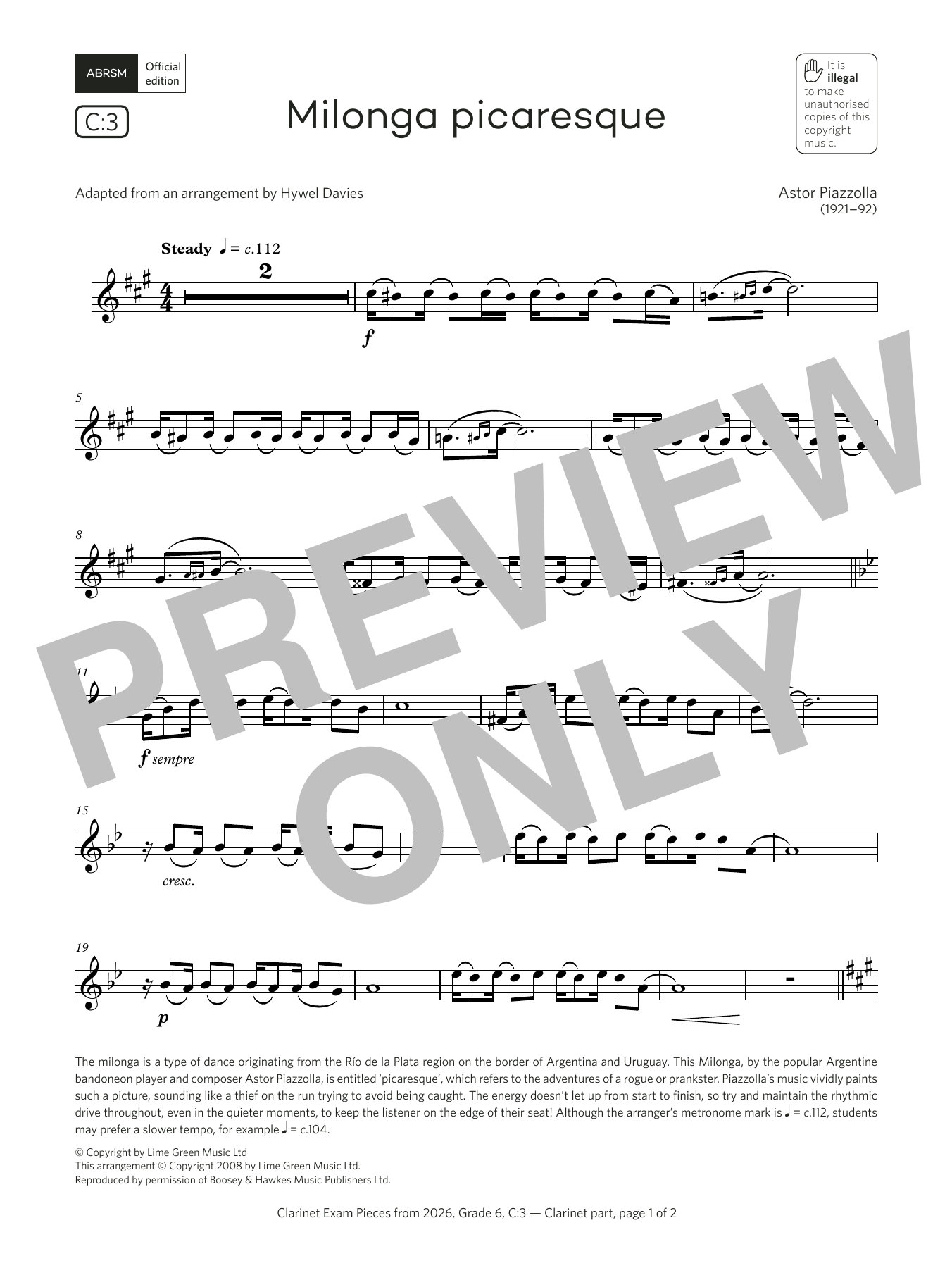 Astor Piazzolla Milonga picaresque (Grade 6, list C3, from the ABRSM Clarinet Syllabus from 2026) sheet music, chords, lyrics - Printable PDF for Clarinet Solo