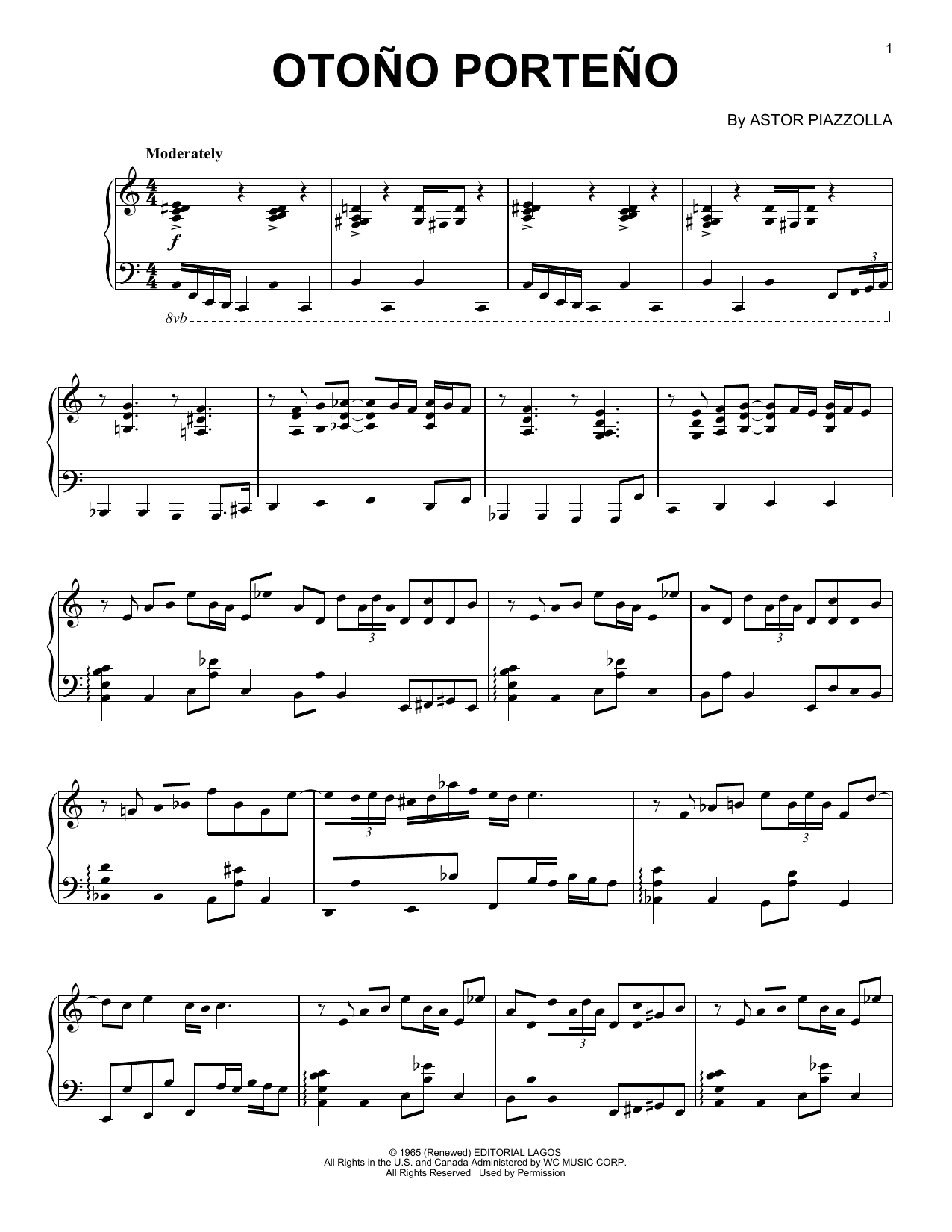 Astor Piazzolla Otono Porteno sheet music, chords, lyrics - Printable PDF for Piano Solo