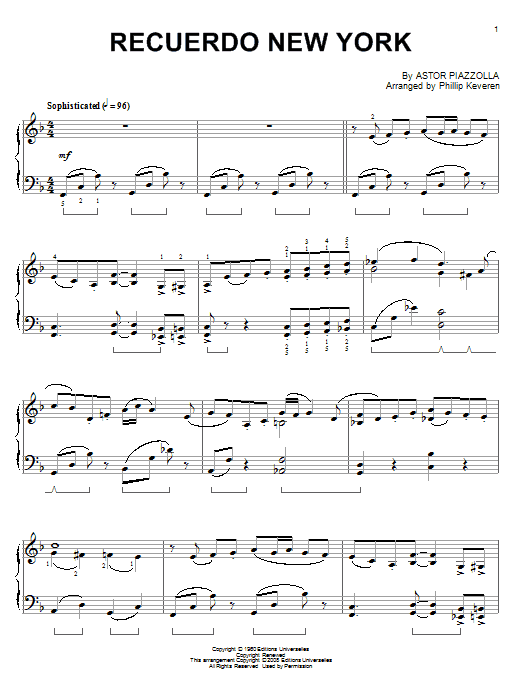Astor Piazzolla Recuerdo New York sheet music, chords, lyrics - Printable PDF for Piano
