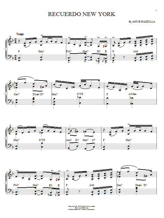 Astor Piazzolla Recuerdo New York sheet music, chords, lyrics - Printable PDF for Piano