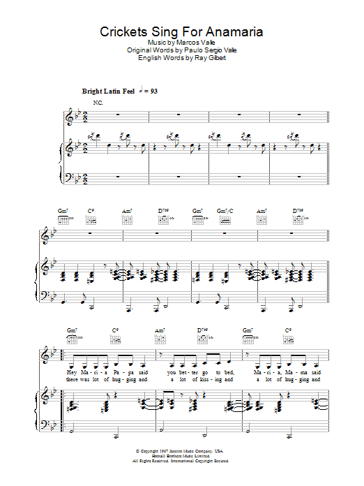 Learn to play Astrud Gilberto Crickets Sing For Anamaria sheet music for Piano, Vocal & Guitar in minutes. Astrud Gilberto Crickets Sing For Anamaria sheet music preview music notes and score for Piano, Vocal & Guitar including 4 page(s)