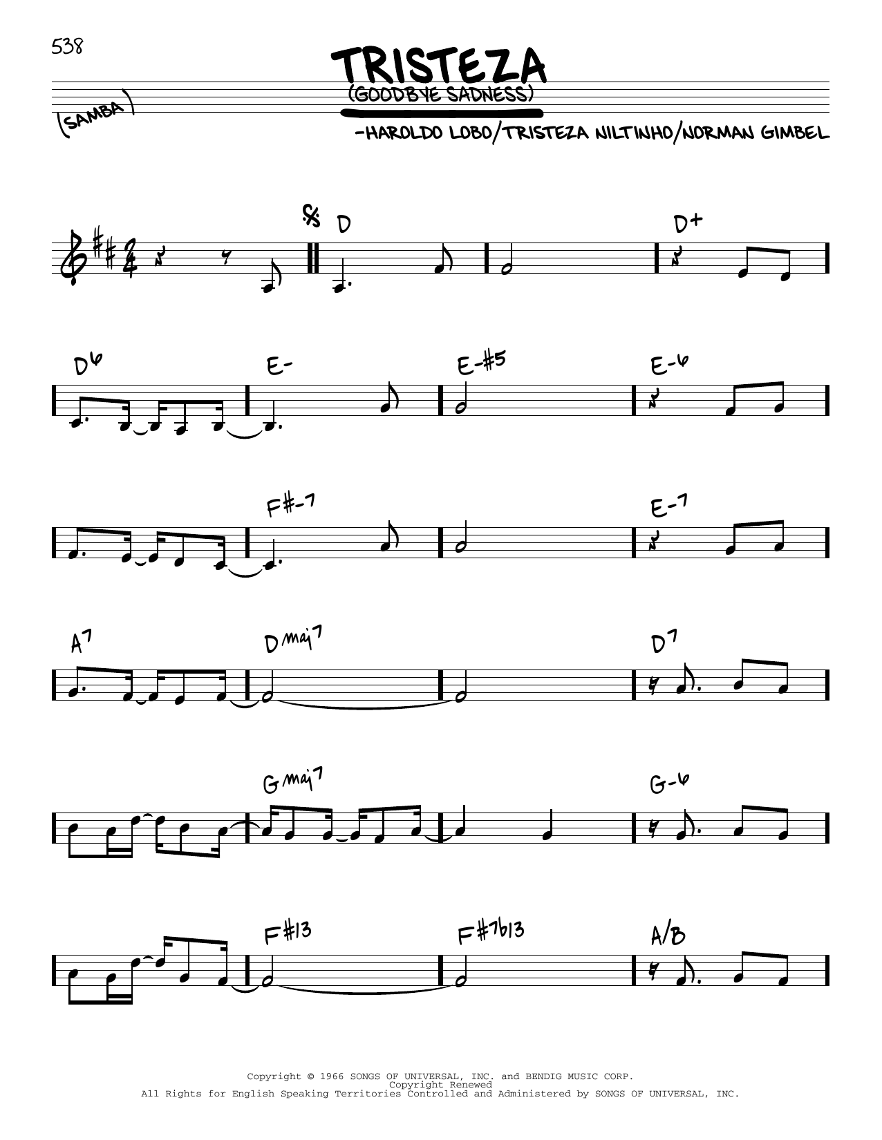 Learn to play Astrud Gilberto Goodbye Sadness sheet music for Real Book – Melody & Chords in minutes. Astrud Gilberto Goodbye Sadness sheet music preview music notes and score for Real Book – Melody & Chords including 2 page(s)