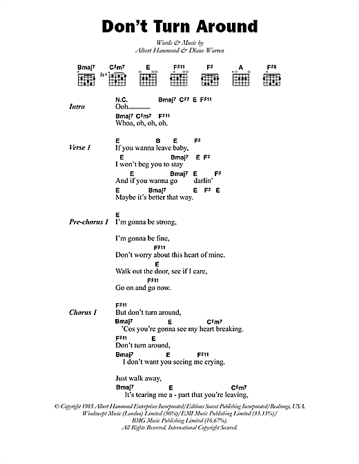 Aswad Don't Turn Around sheet music, chords, lyrics - Printable PDF for Lyrics & Chords