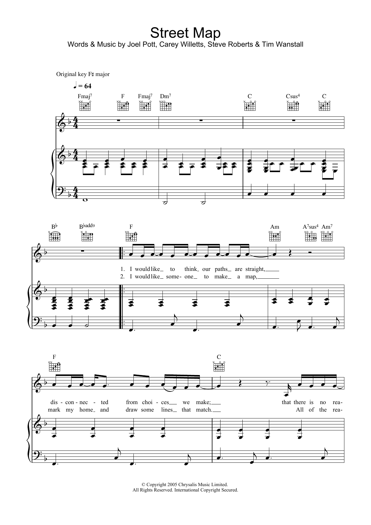 Athlete Street Map sheet music preview music notes and score for Piano, Vocal & Guitar including 5 page(s)