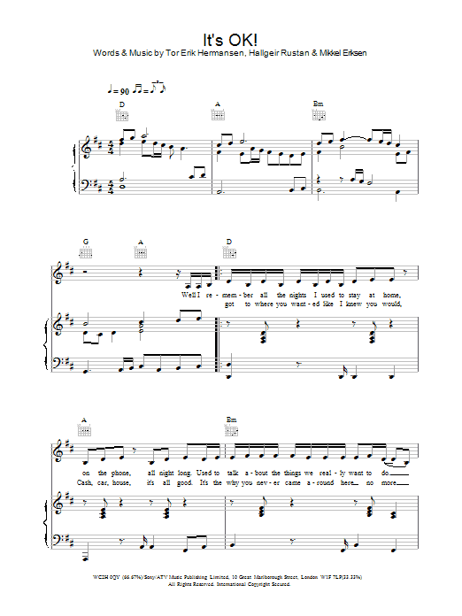 Atomic Kitten It's OK! sheet music preview music notes and score for Piano, Vocal & Guitar including 6 page(s)