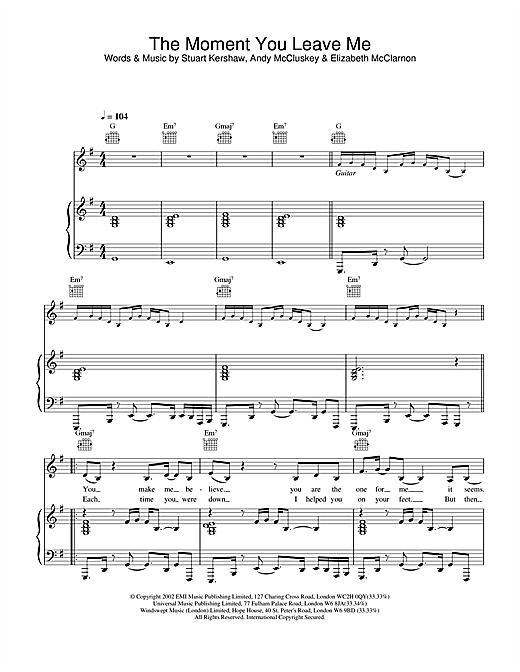 Learn to play Atomic Kitten The Moment You Leave Me sheet music for Piano, Vocal & Guitar in minutes. Atomic Kitten The Moment You Leave Me sheet music notes and chords