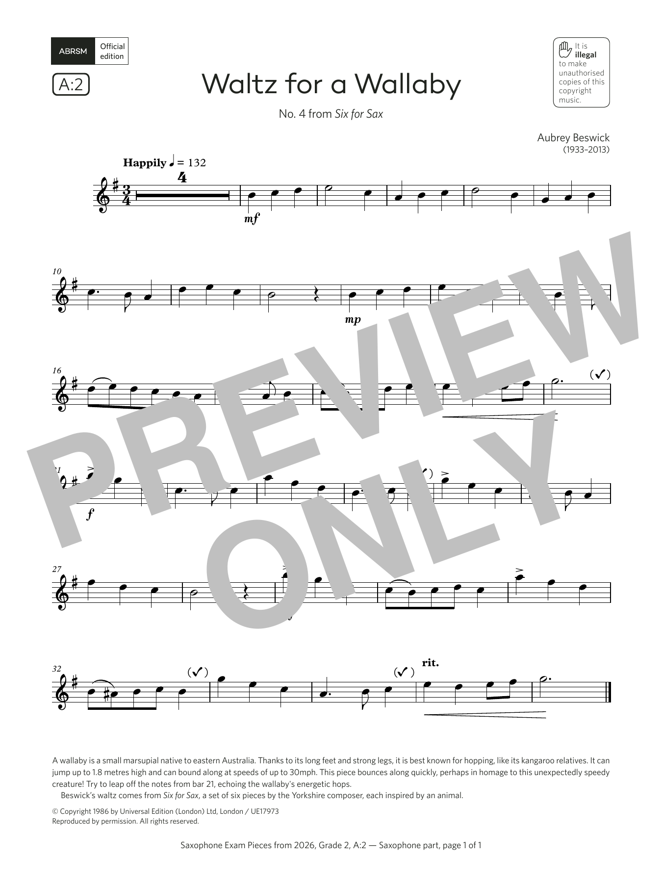 Aubrey Beswick Waltz for a Wallaby (Grade 2, list A2, from the ABRSM Saxophone Syllabus from 2026) sheet music, chords, lyrics - Printable PDF for Alto Sax Solo