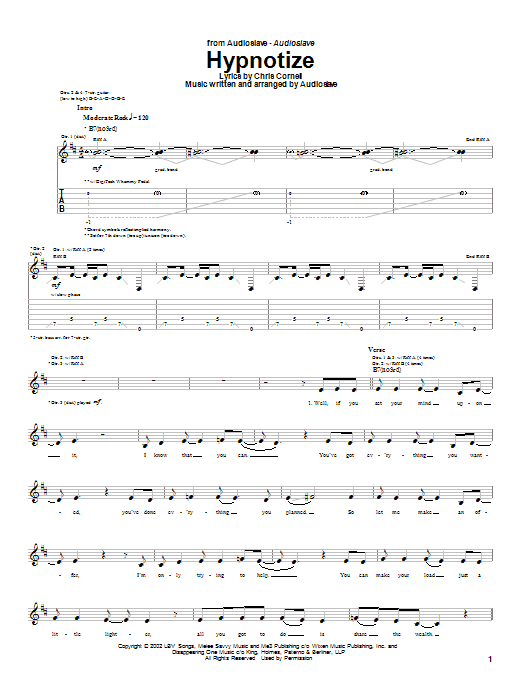 Learn to play Audioslave Hypnotize sheet music for Guitar Tab in minutes. Audioslave Hypnotize sheet music notes and chords