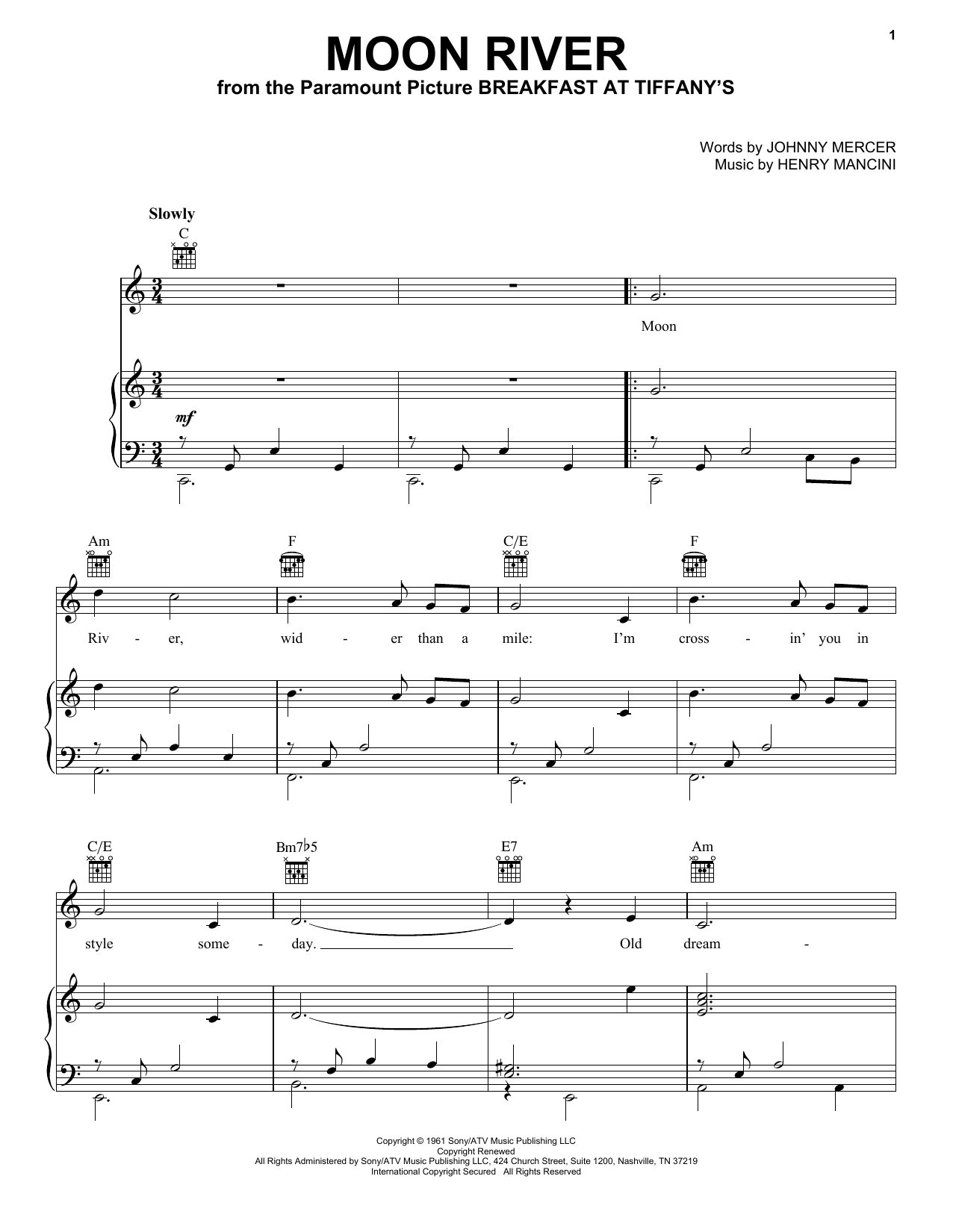 Download Andy Williams Moon River sheet music notes and chords for Piano, Vocal & Guitar (Right-Hand Melody) - Download Printable PDF and start playing in minutes.