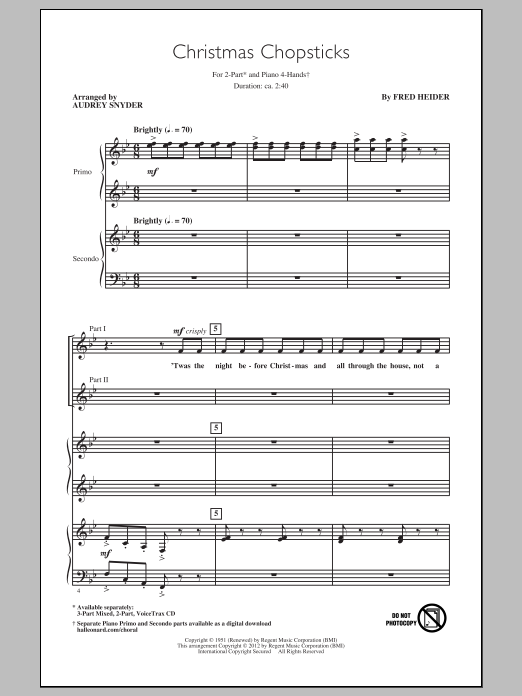 Learn to play Audrey Snyder Christmas Chopsticks sheet music for 3-Part Mixed in minutes. Audrey Snyder Christmas Chopsticks sheet music notes and chords