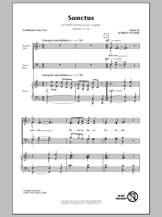 Learn to play Audrey Snyder Sanctus sheet music for SATB in minutes. Audrey Snyder Sanctus sheet music preview music notes and score for SATB including 5 page(s)