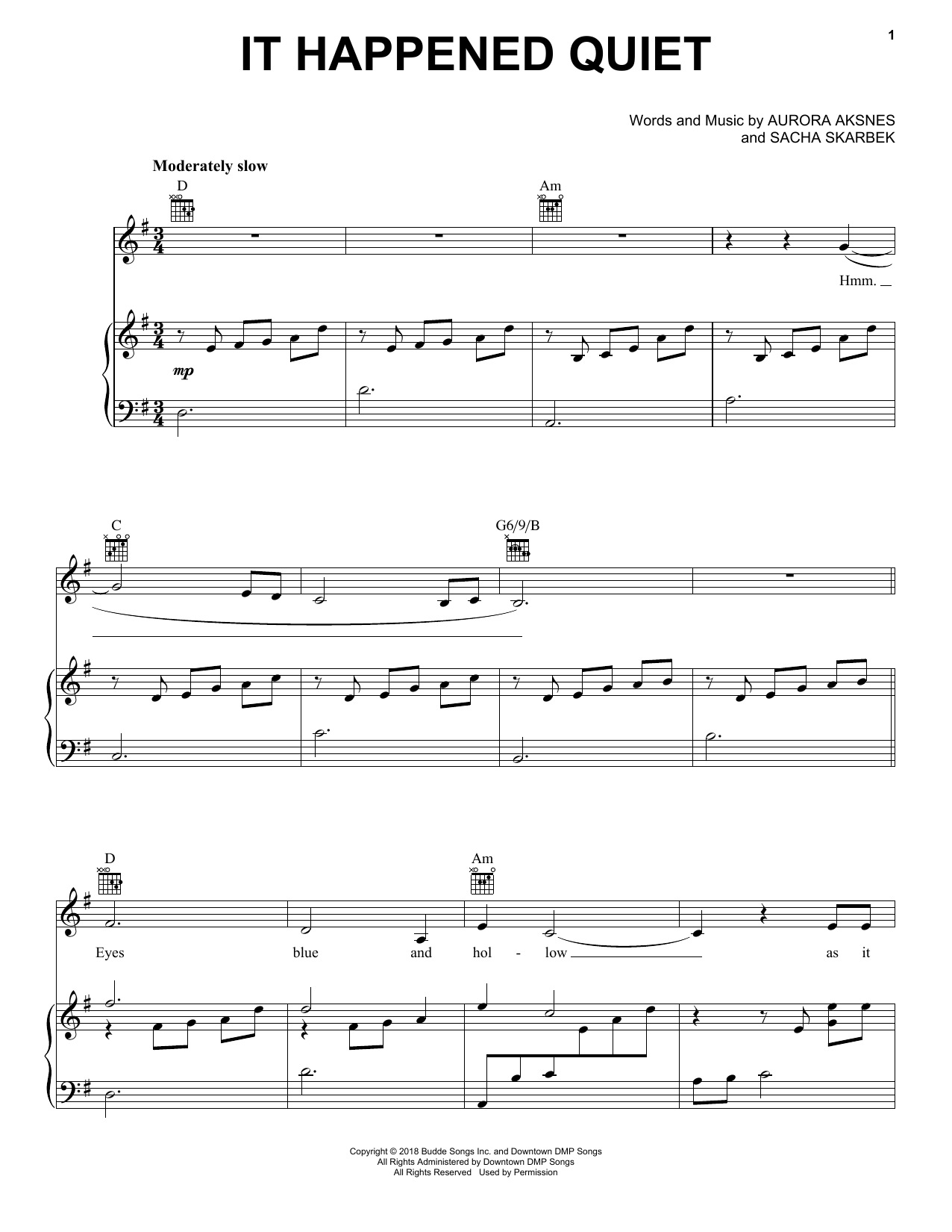 Aurora It Happened Quiet sheet music preview music notes and score for Piano, Vocal & Guitar Chords (Right-Hand Melody) including 8 page(s)