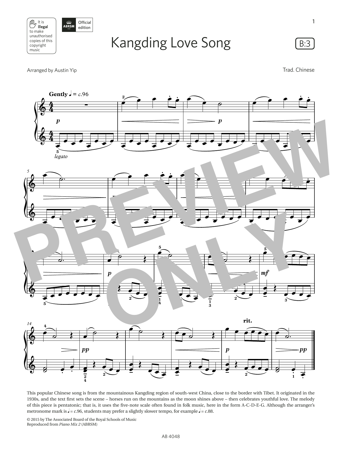 Austin Yip Kangding Love Song (Grade 2, list B3, from the ABRSM Piano Syllabus 2023 & 2024) sheet music, chords, lyrics - Printable PDF for Piano Solo