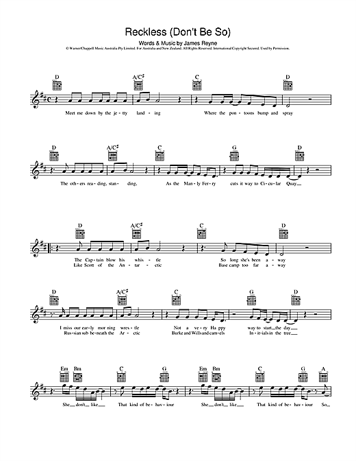 Learn to play Australian Crawl Reckless (Don't Be So) sheet music for Melody Line, Lyrics & Chords in minutes. Australian Crawl Reckless (Don't Be So) sheet music preview music notes and score for Melody Line, Lyrics & Chords including 2 page(s)