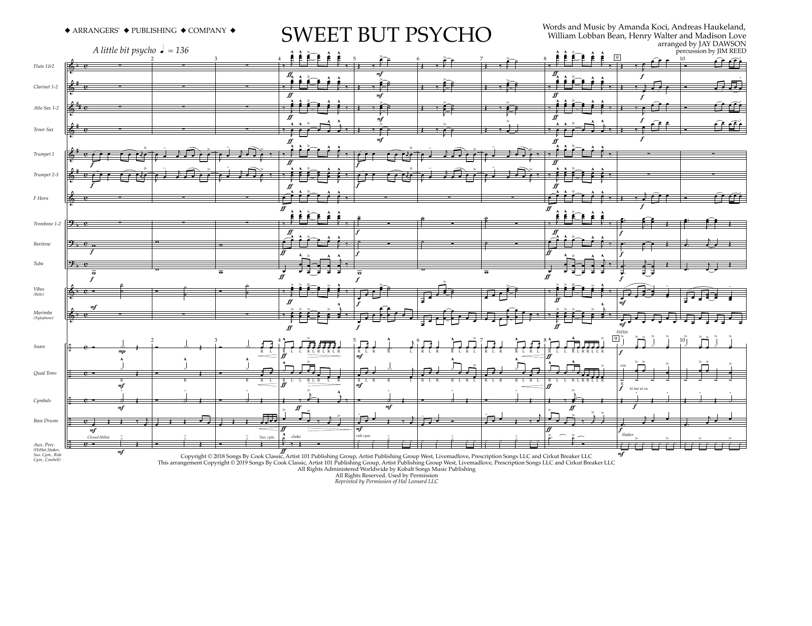 Learn to play Ava Max Sweet But Psycho (arr. Jay Dawson) - Full Score sheet music for Marching Band in minutes. Ava Max Sweet But Psycho (arr. Jay Dawson) - Full Score sheet music preview music notes and score for Marching Band including 4 page(s)