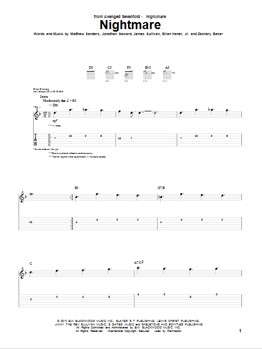 Avenged Sevenfold Nightmare sheet music preview music notes and score for Guitar Tab including 17 page(s)