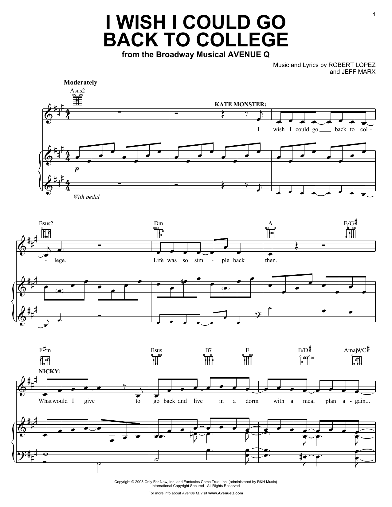 Learn to play Avenue Q I Wish I Could Go Back To College sheet music for Piano, Vocal & Guitar (Right-Hand Melody) in minutes. Avenue Q I Wish I Could Go Back To College sheet music preview music notes and score for Piano, Vocal & Guitar (Right-Hand Melody) including 7 page(s)