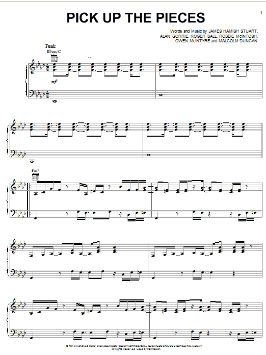 Learn to play Average White Band Pick Up The Pieces sheet music for Bass Guitar Tab in minutes. Average White Band Pick Up The Pieces sheet music preview music notes and score for Bass Guitar Tab including 5 page(s)