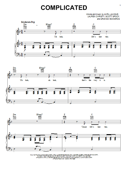 Download Avril Lavigne Complicated sheet music notes and chords for Guitar Tab - Download Printable PDF and start playing in minutes.