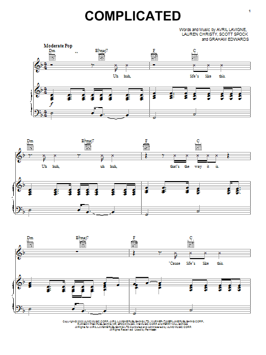 Learn to play Avril Lavigne Complicated sheet music for Bass Guitar Tab in minutes. Avril Lavigne Complicated sheet music preview music notes and score for Bass Guitar Tab including 9 page(s)