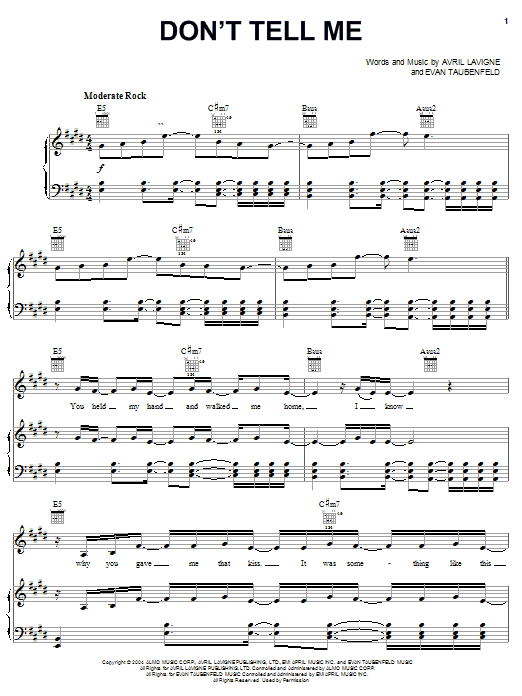 Learn to play Avril Lavigne Don't Tell Me sheet music for Piano, Vocal & Guitar in minutes. Avril Lavigne Don't Tell Me sheet music preview music notes and score for Piano, Vocal & Guitar including 5 page(s)