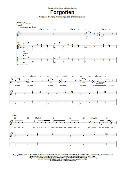 Avril Lavigne Forgotten sheet music preview music notes and score for Piano, Vocal & Guitar (Right-Hand Melody) including 5 page(s)