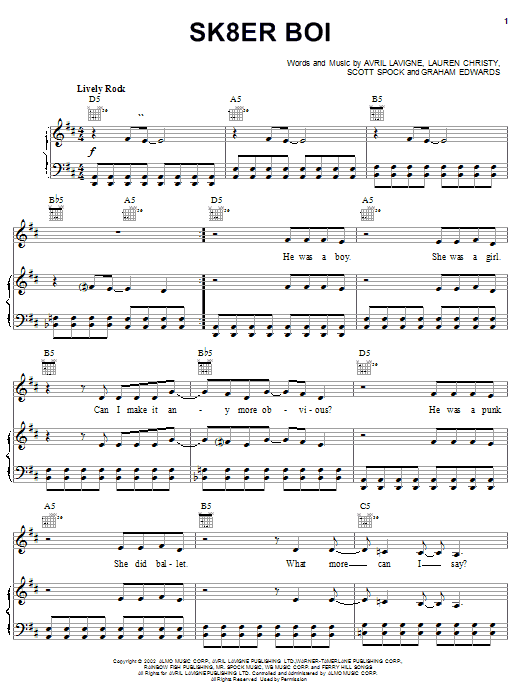 Avril Lavigne Sk8er Boi sheet music preview music notes and score for Piano, Vocal & Guitar (Right-Hand Melody) including 8 page(s)