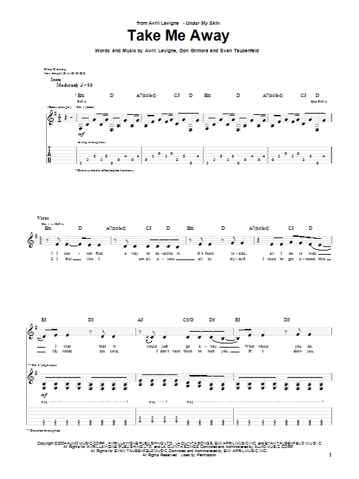 Learn to play Avril Lavigne Take Me Away sheet music for Piano, Vocal & Guitar (Right-Hand Melody) in minutes. Avril Lavigne Take Me Away sheet music preview music notes and score for Piano, Vocal & Guitar (Right-Hand Melody) including 4 page(s)