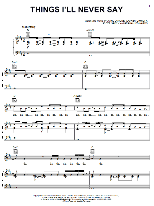 Learn to play Avril Lavigne Things I'll Never Say sheet music for Piano, Vocal & Guitar (Right-Hand Melody) in minutes. Avril Lavigne Things I'll Never Say sheet music notes and chords