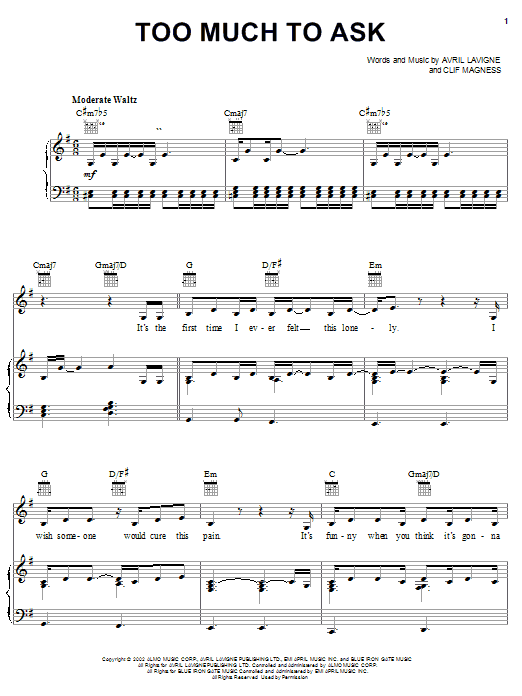 Avril Lavigne Too Much To Ask sheet music preview music notes and score for Piano, Vocal & Guitar (Right-Hand Melody) including 6 page(s)